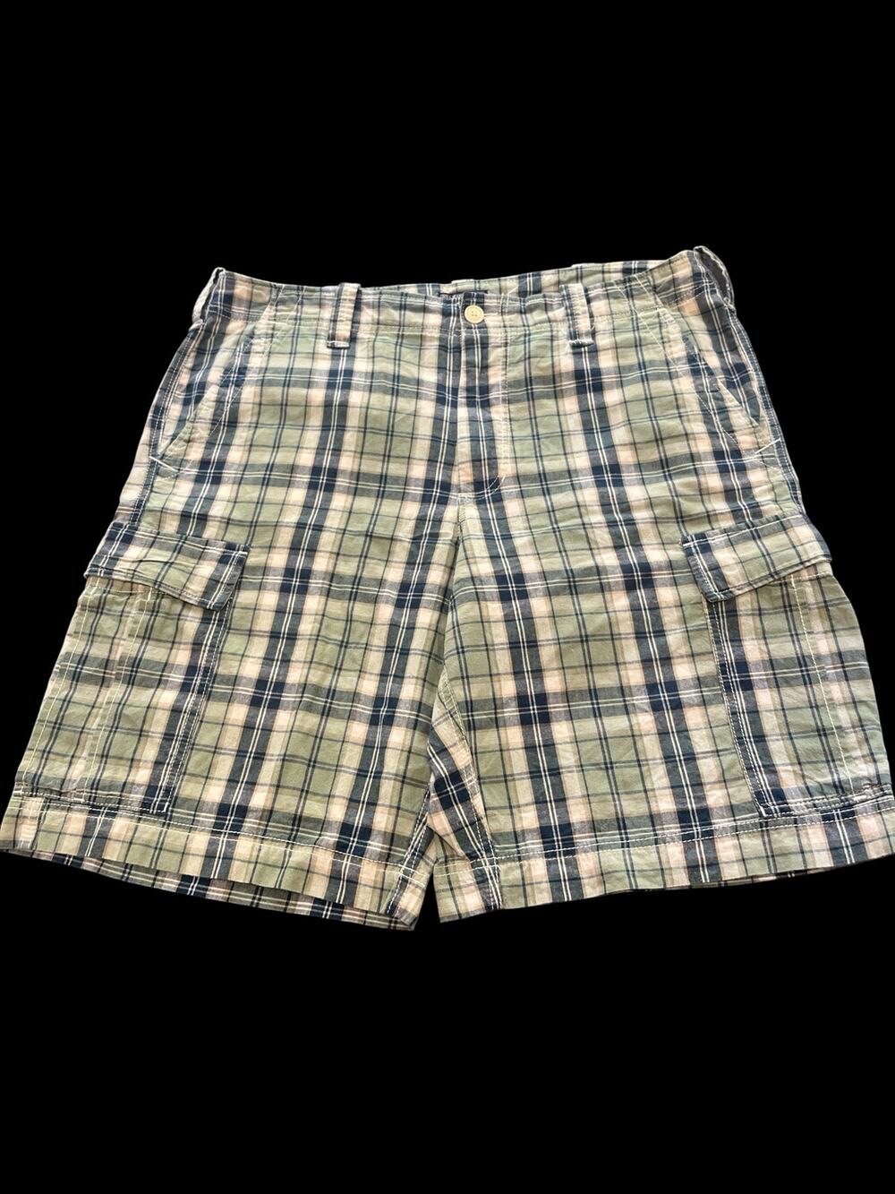 Polo jeans Co-Men's shorts/Cargo-Green/Blue Plaid-Sz 38x11-EUC-1143